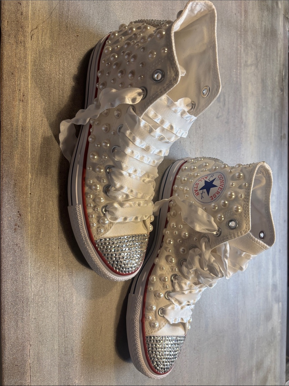 New Converse White Pearl & Rhinestone High Top Sneakers